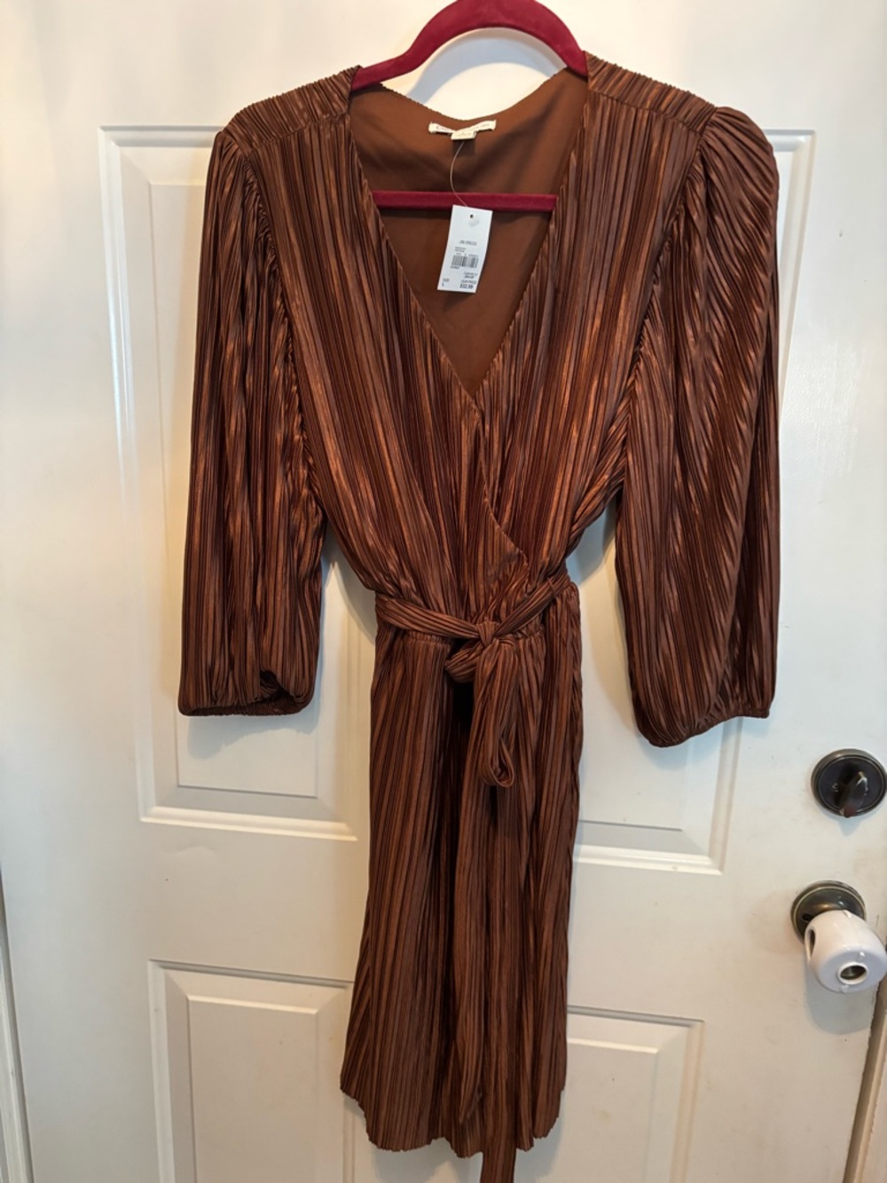Cato Satin-Like Pleated Wrap Dress in Copper Brown
